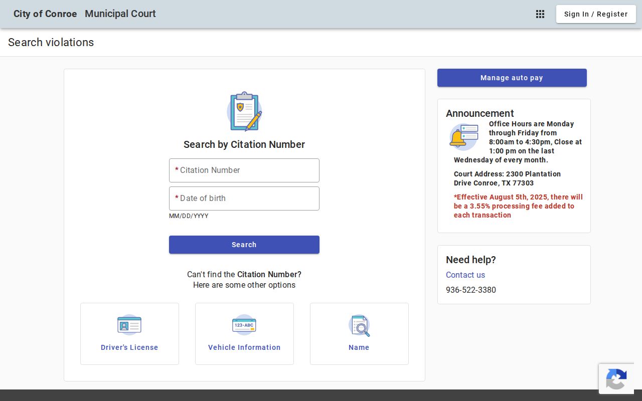 Conroe criminal records municipal citation search form