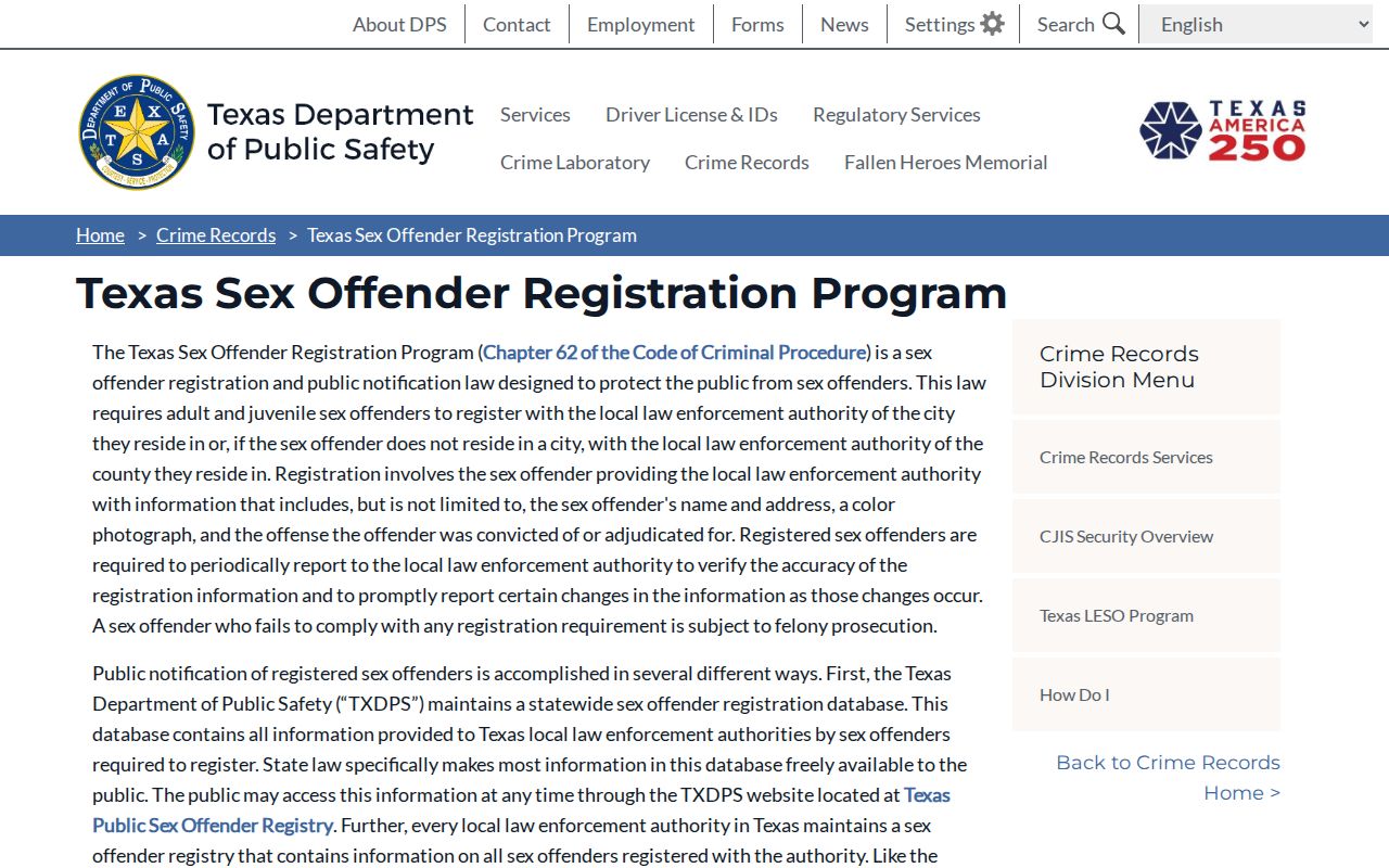 Texas registration program information for Montgomery County sex offender records