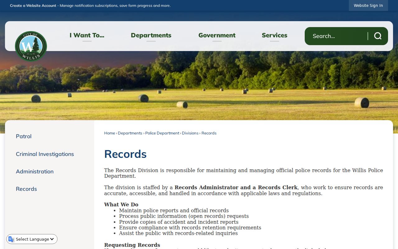 Willis criminal records Police Records Division page